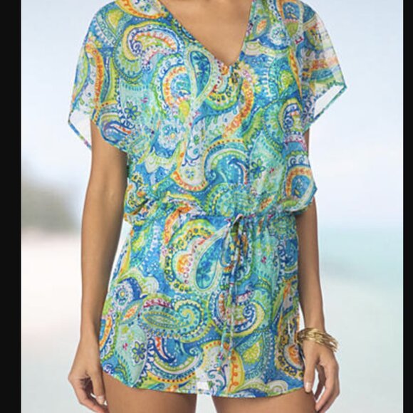 Lauren Ralph Lauren Size L Cover Up Carnivale Paisley Mesh Tunic Drop Waist - Picture 1 of 9